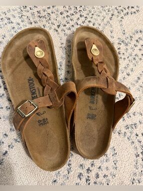 Birkenstock Women's Brown Braided Leather Thong Sandals with Gold Accents